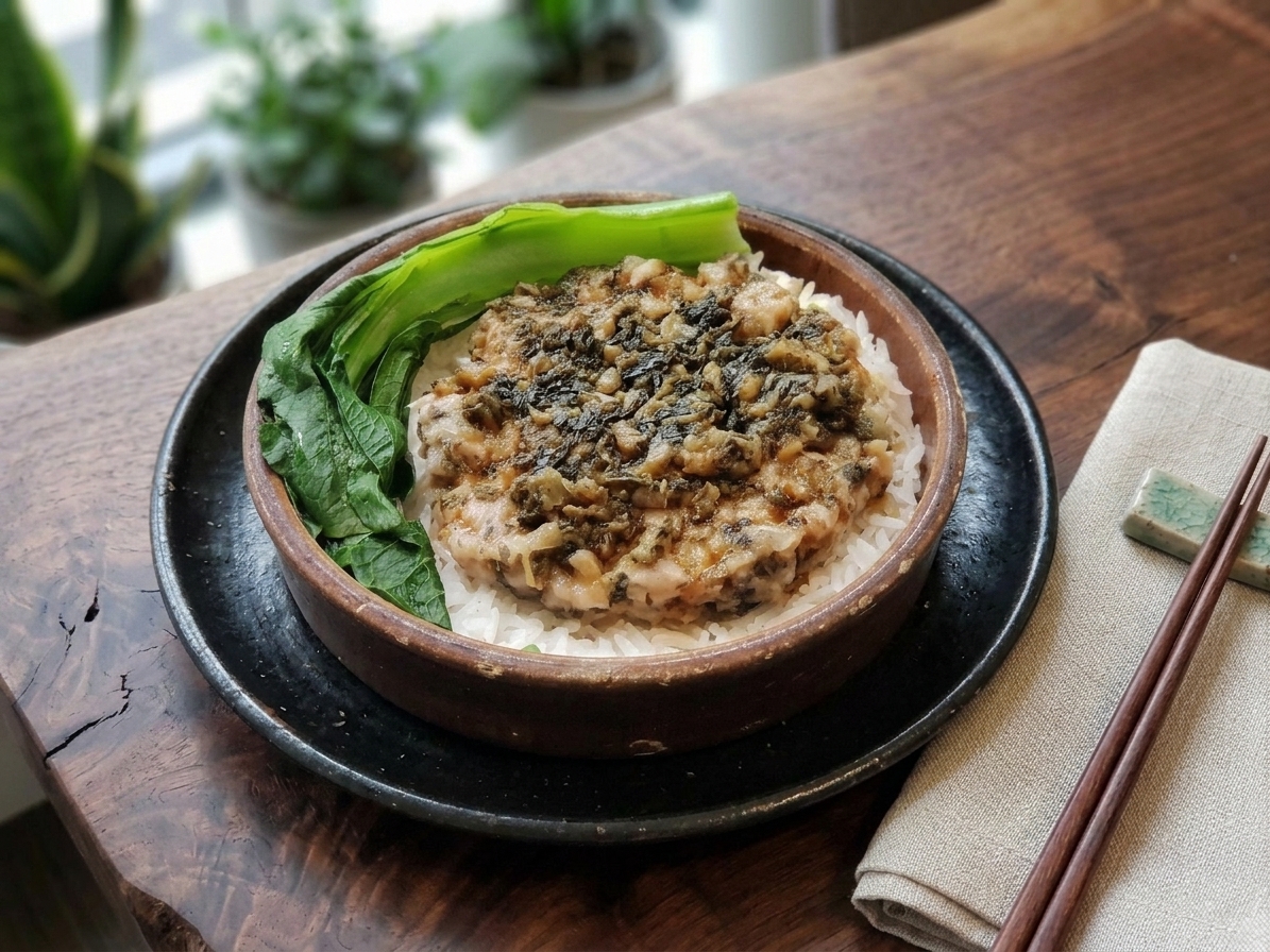 Steamed pork patty topped with preserved mustard greens, served over rice with bok choy in a wooden bowl on a black plate