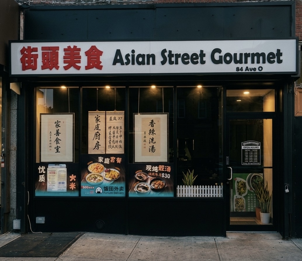 Storefront of Asian Street Gourmet at 84 Avenue O, Brooklyn — red 街頭美食 signage above the entrance, with traditional calligraphy posters and 家庭廚房 sign visible in the window