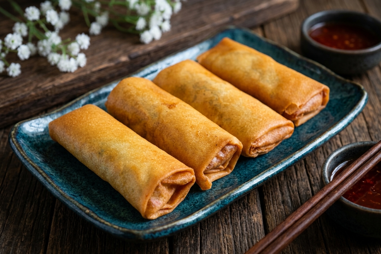 Four golden-fried Cantonese spring rolls (D1 炸春卷) on a teal ceramic plate with chili dipping sauce on the side